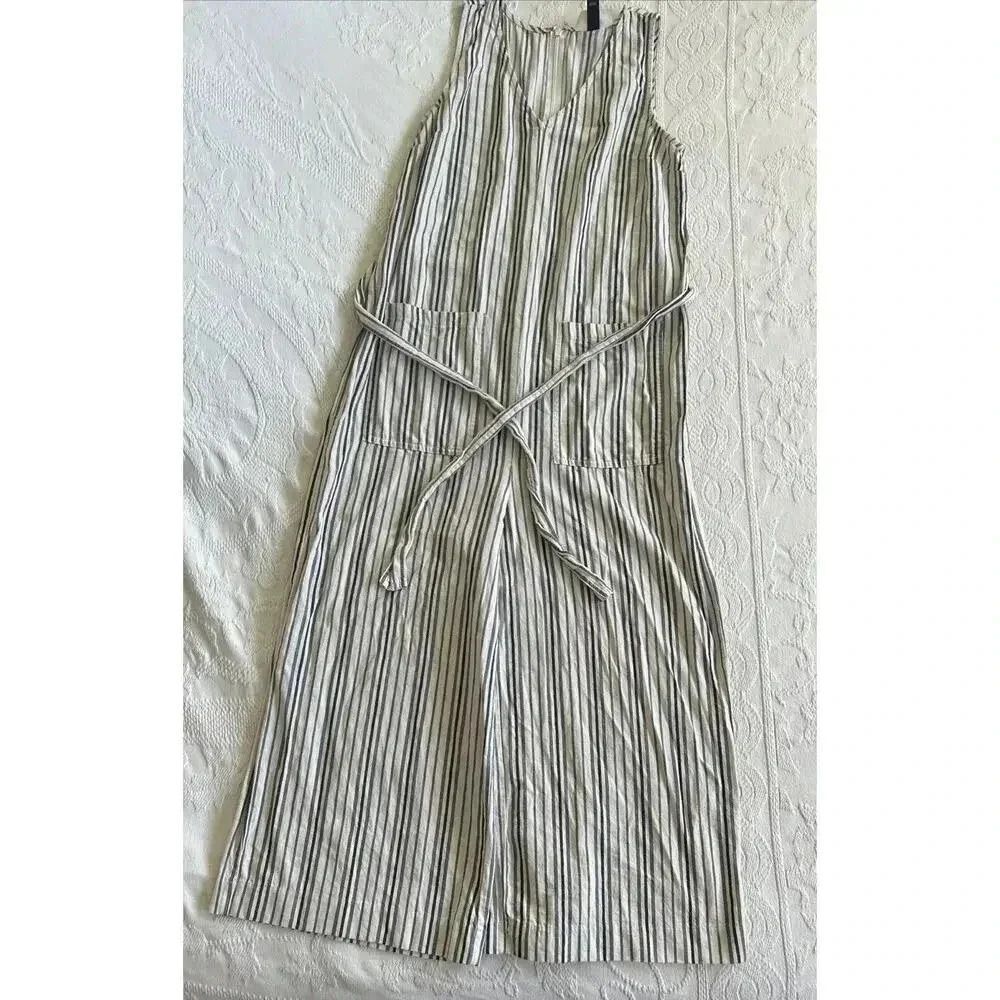 Wide Leg Cotton Jumpsuit Cream & Gray Striped Crop Universal Thread Size XS - Picture 9 of 11